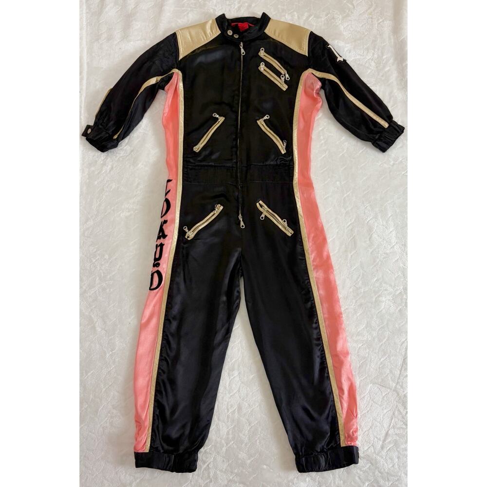 Tokyo Denim Bank Women Size L Satin Jumpsuit Black Coral Gold Patchwork Y2K VTG